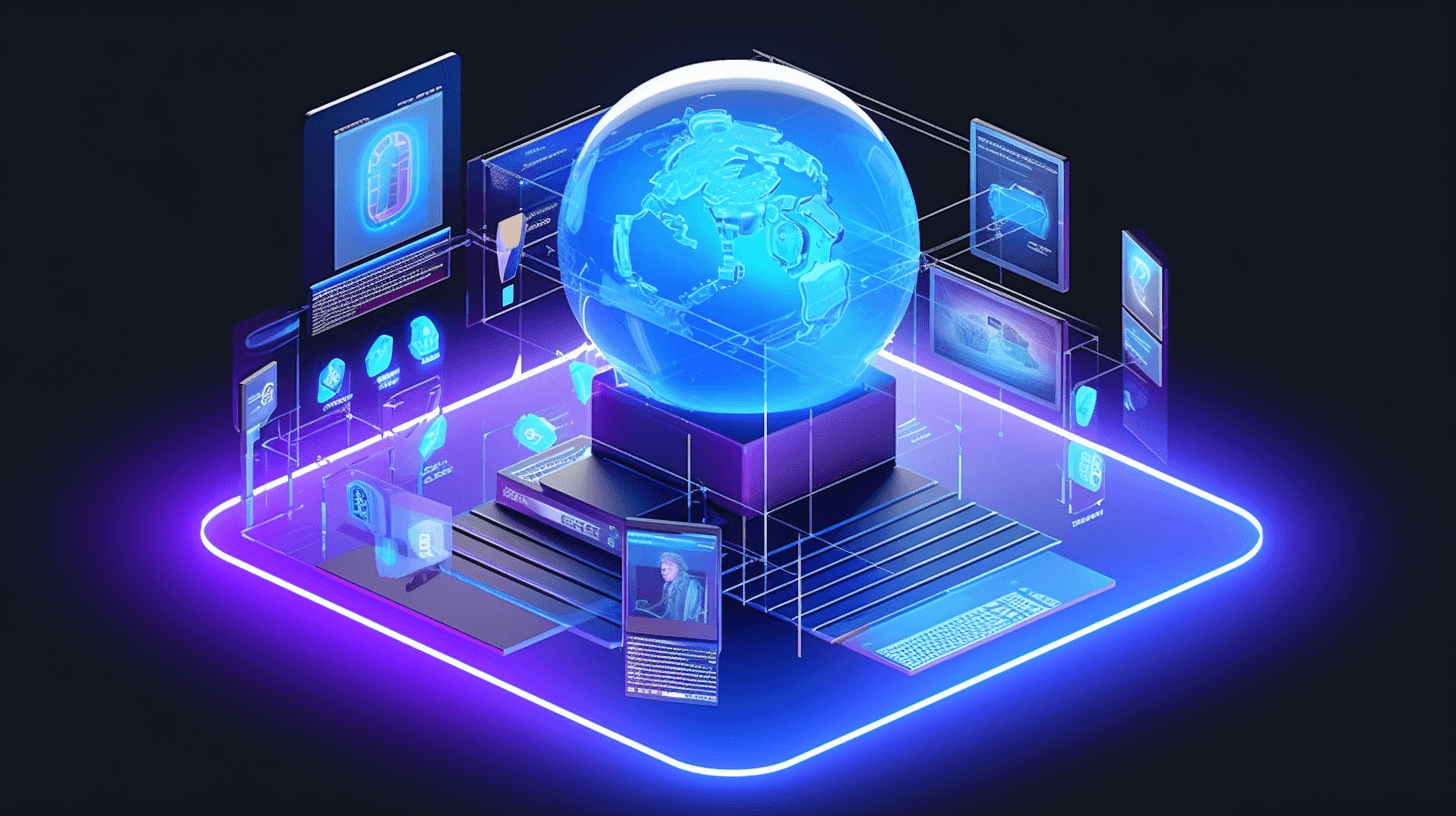 Futuristic digital display with a glowing globe surrounded by various holographic screens and data interfaces.