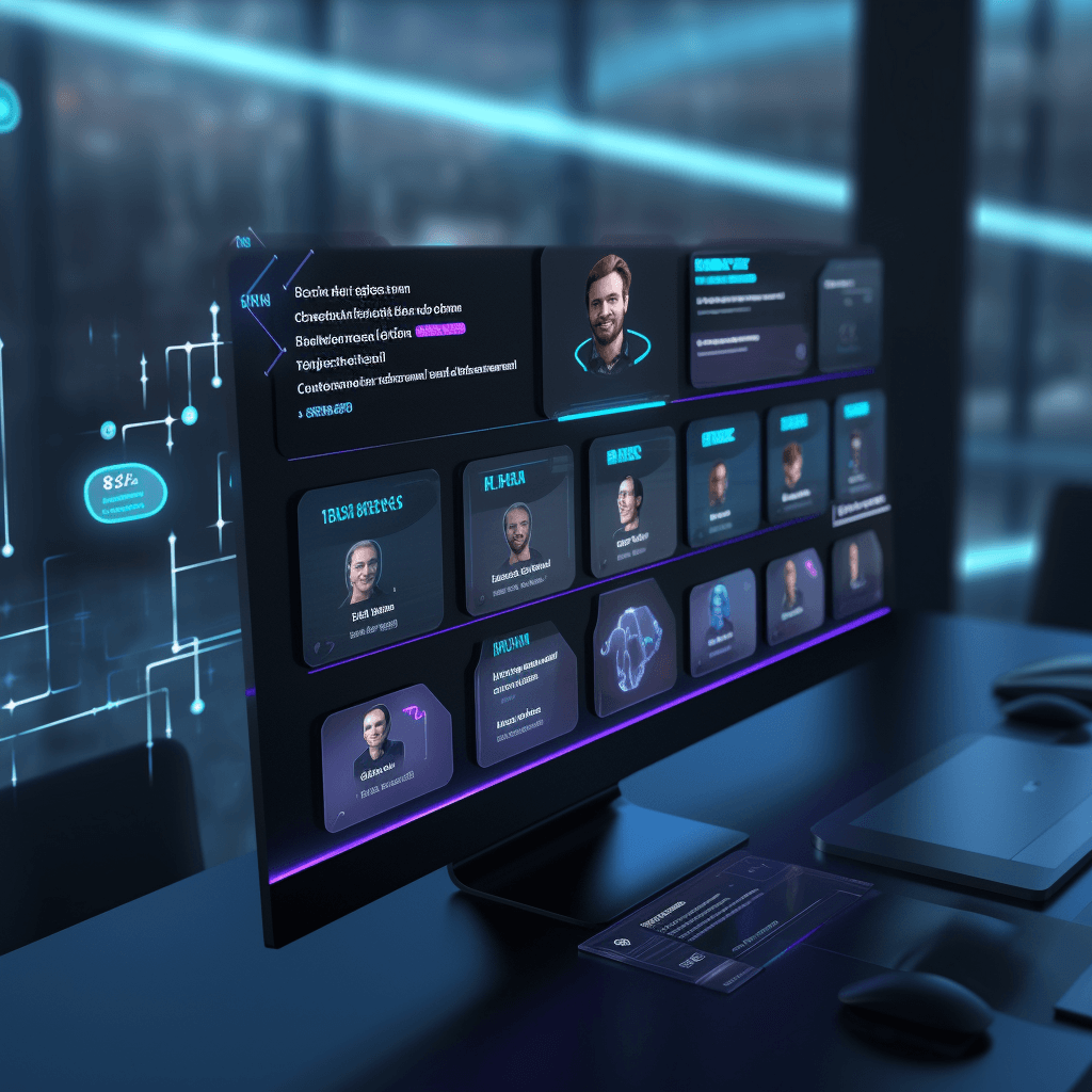 Futuristic computer screen displaying digital portraits and data in a dimly lit tech environment.